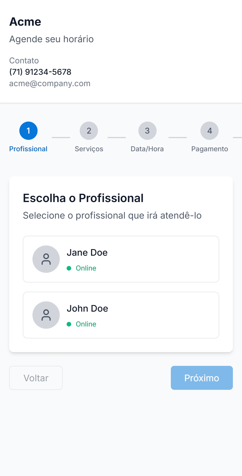 Página de agendamento online do cliente no TimoraUP