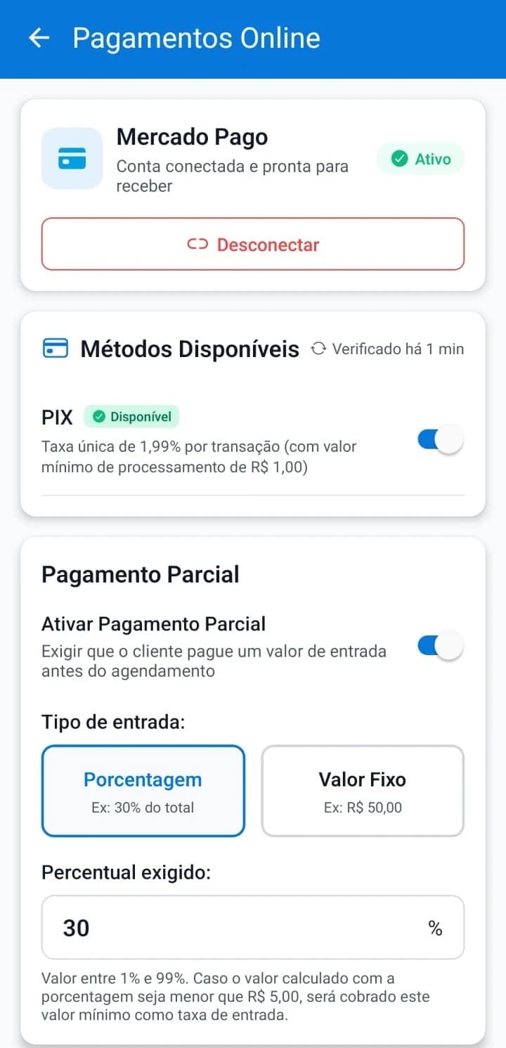 Tela de configuração de pagamento do TimoraUP